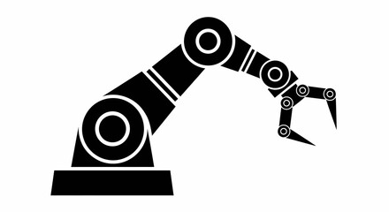 Black Robotic Arm Silhouette with Grippers, Isolated on White