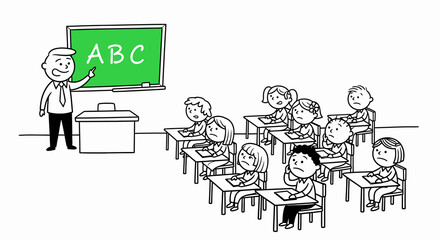 Black and white illustration of a teacher instructing a classroom of bored-looking elementary school children during an ABC lesson.