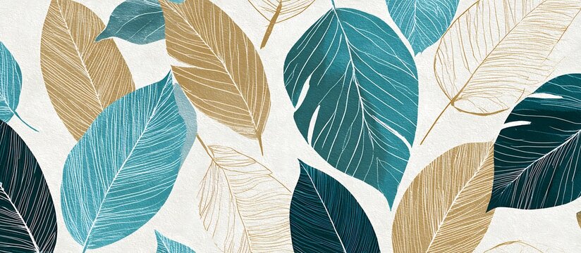Modern botanical art print teal and gold leaves wallpaper seamless pattern nature background design 100x100