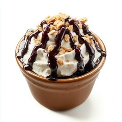 A different delicious whipped cream dessert in a small ceramic pot, filled with whipped cream,