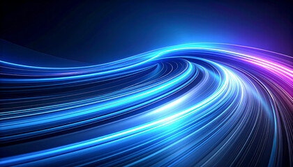 Abstract background showcases vibrant blue light trails and soft pink hues, creating an electrifying and modern design.