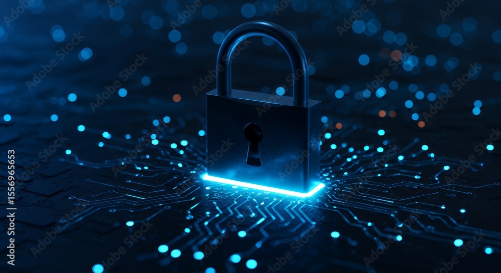 Aufkleber cybersecurity: digital lock on circuit board, protecting data and networks with advanced encryption