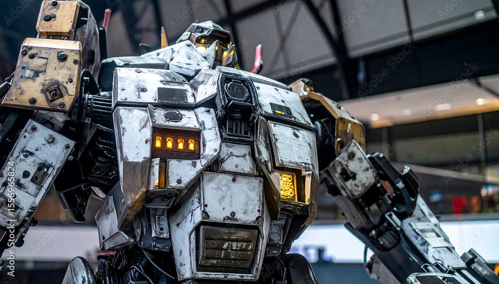 Poster impressive robot costume displays futuristic design and intricate mechanics with metallic surfaces a