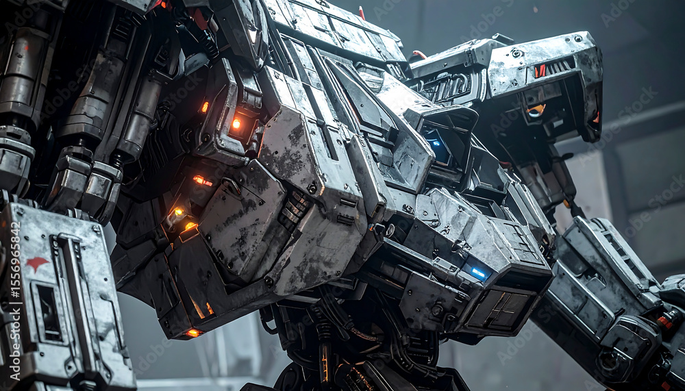 Poster futuristic war machine shows a formidable robot, emphasizing mechanical power and advanced weaponry 