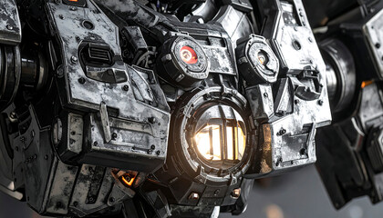 Detailed view of an intricate, metallic robot with glowing lights and complex mechanical structures, showcasing futuristic technology.