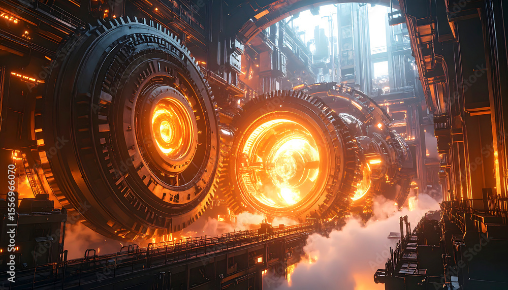 Poster futuristic city with immense rotating engines illuminating a hazy atmosphere in a science fiction la