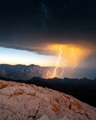 Lightning Strikes Over Majestic Mountain Landscape at Dusk