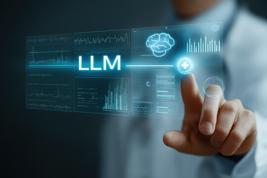 A doctor using an LLM-powered system for medical diagnosis, a concept of a Large Language Model in healthcare, analyzing patient data to assist in diagnostics and treatment planning.