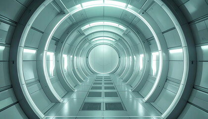 Fototapeta premium Futuristic corridor provides an interesting view of modern architecture and hallway design with a bright glow.