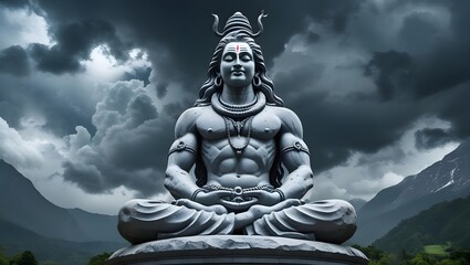 Obraz premium Celestial Serenity: An awe-inspiring statue of a deity sits in peaceful meditation against a dramatic sky backdrop, embodying the essence of tranquility and spiritual enlightenment.