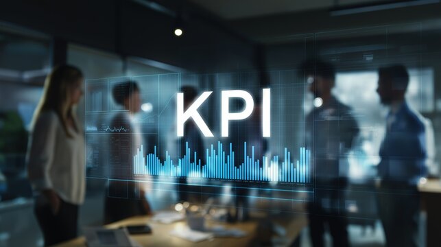 A diverse business team analyzing KPIs in a conference room, a realistic scene of data-driven decision-making, strategic planning, and performance review in a corporate setting.