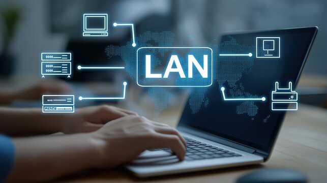 An IT administrator managing a Local Area Network (LAN) on a virtual screen, a concept of office networking, data communication, and internal IT infrastructure.