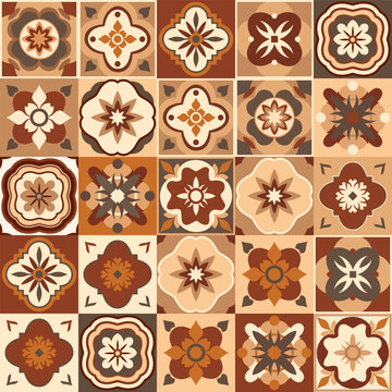 Brown and beige azulejo floral tiles creating beautiful seamless pattern, suitable for ceramic tile, wallpaper, linoleum, textile, web page background, wrapping paper