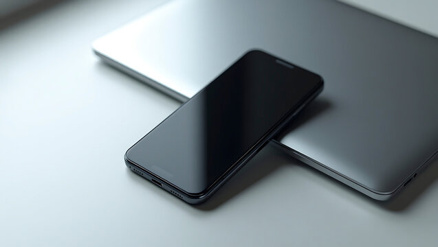 Mobile phone rests sleekly atop a closed silver laptop, embodying modern connectivity and digital lifestyle.