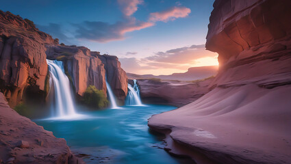 Serene waterfall cascading into a turquoise pool surrounded by majestic red rock formations under a colorful sunset sky.
