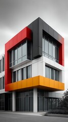 Modern architectural building with bold blocks of red, black, white, and yellow in a minimalist design