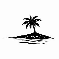 Tropical island silhouette, palm trees, wavy water, black and white illustration, minimalist design, beach landscape, graphic art, simplified shapes, coastal scenery, vacation vibes, tranquil ocean