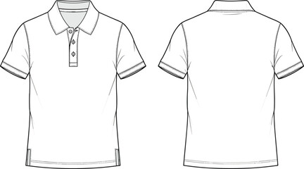 Polo shirt technical flat sketch with collar and buttons, front and back vector view for fashion design, apparel cad illustration