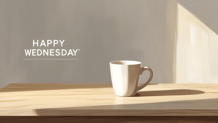 Fototapeta premium Morning Serenity: A simple, yet inviting image of a mug placed on a wooden surface with a bright light casting shadows, evoking feelings of a peaceful start to the day.