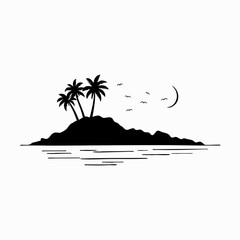 Tropical island silhouette, palm trees, wavy water, black and white illustration, minimalist design, beach landscape, graphic art, simplified shapes, coastal scenery, vacation vibes, tranquil ocean