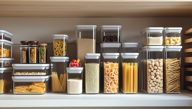 Organized pantry shelf with clear containers filled with dry goods like pasta, beans, grains and spices for easy kitchen storage