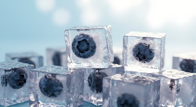 Close-up of blueberries frozen inside clear ice cubes, stacked.