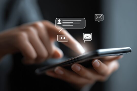 Close - up of hands using a smartphone with digital communication icons like chat bubbles and email symbols, suitable for mobile app, social media, or digital communication promotion.