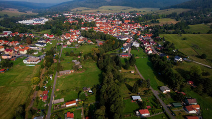 Aerial Panorama View Of The Old Town Of The City Dermbach-Stadtlengsfeld in Germany on a sunny spring day