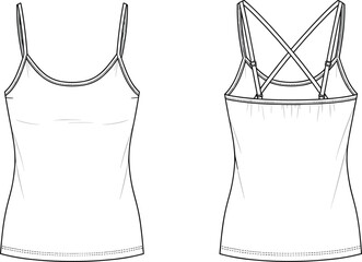 Women's spaghetti strap cami top technical sketch, front and back vector illustration for apparel design, fashion flat cad drawing