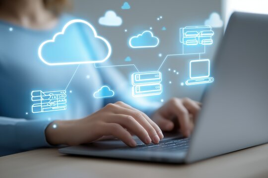 Person using laptop with digital cloud - based networking and server graphics in the background, ideal for tech - related presentations, websites, and digital content on topics like cloud computing an