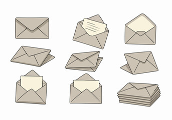 Set of Hand Drawn Style Illustrations of Envelopes in Different Positions and States