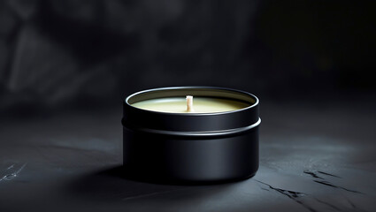 Aromatherapy candle in black tin container provides a warm, inviting glow on a dark marbled surface, creating an atmosphere of tranquility