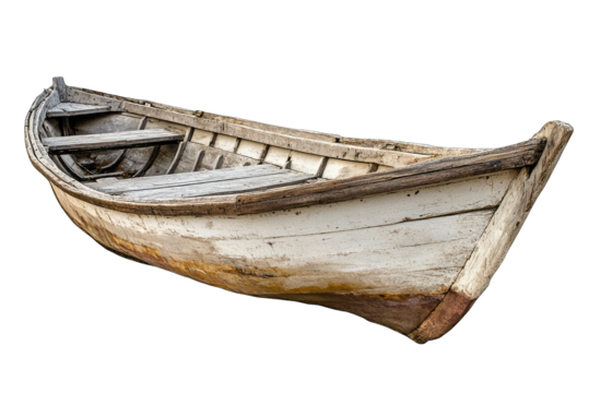 Aged wooden rowboat, weathered white hull