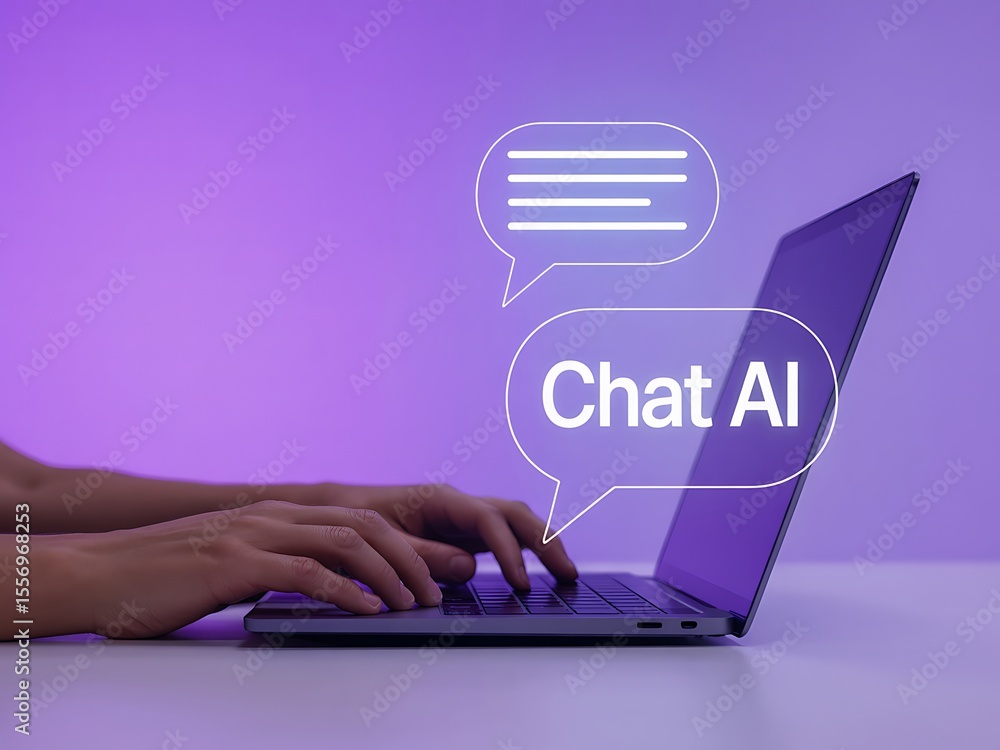 Aufkleber close up of hands typing on a laptop with chat ai and message bubbles appearing on screen against a 