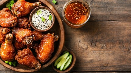 Crispy Chicken Wings with Dipping Sauce and Drink on Wooden Table