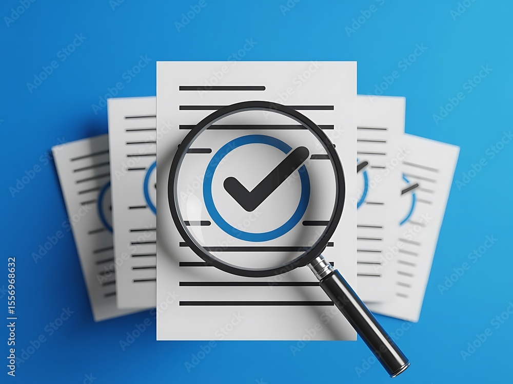 Poster magnifying glass examining a document with a large blue checkmark symbol indicating approval or comp