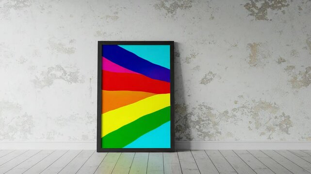 Black Frame Poster Leaning Against Weathered Wall with Peeling Paint On White Wooden Floor An Interior Mockup Optimized For Adobe Stock