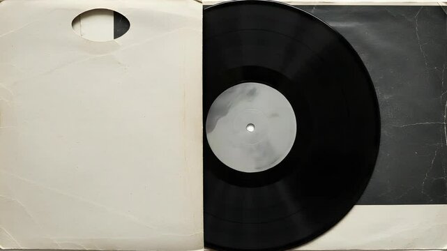 Black Vinyl Record Partially in Cream Sleeve with Starry Background