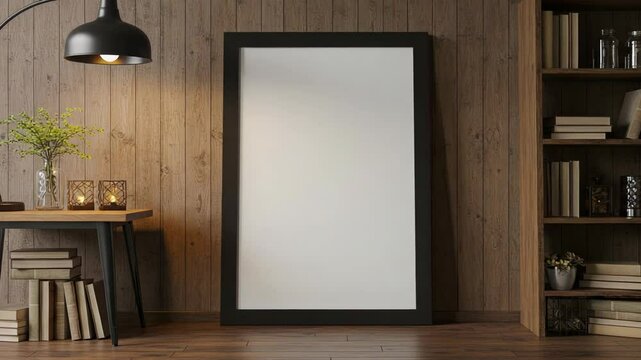 Black Frame Mockup on Wooden Floor with Bookshelf and Desk Lamp in Interior Setting