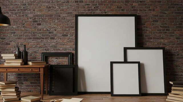 Blank Frame Mockups On Wood Floor With Rustic Brick Wall And Warm Lighting