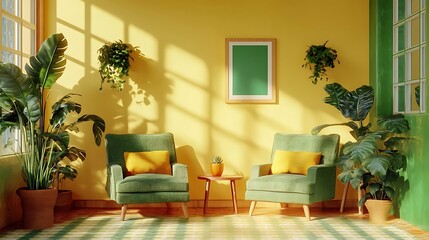 Sunny Green Living Room Interior. (1)