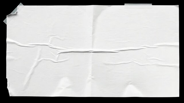 Blank White Wrinkled Paper Adhered With Blue Tape on Black Background Showing an Aged and Distressed Texture For Design and Artwork