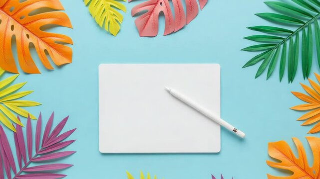 Blank Tablet with Pen Surrounded by Colorful Tropical Leaves on Light Blue Background