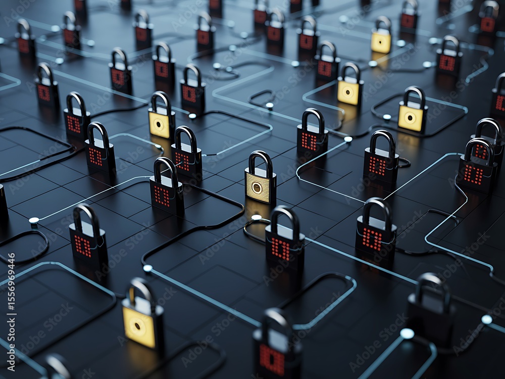 Poster network of digital padlocks with glowing red and yellow displays connected by illuminated blue lines