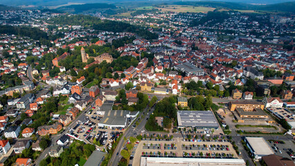 Aerial Panorama View Of The Old Town Of The City Bad Hersfeld  in Germany on a sunny spring day