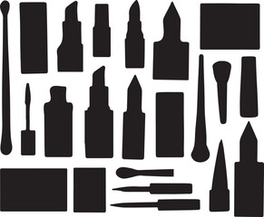 Obraz premium Silhouette of cosmetics icons. A vector set of lipsticks, brushes, and other cosmetic products for beauty and lifestyle content.