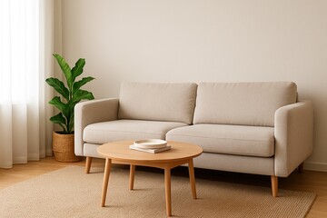 Minimalist Living Room Interior with Beige Sofa and Wooden Coffee Table
