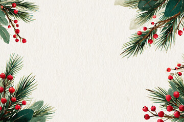 Watercolor illustration of pine branches and red berries forming a festive border on a light textured background