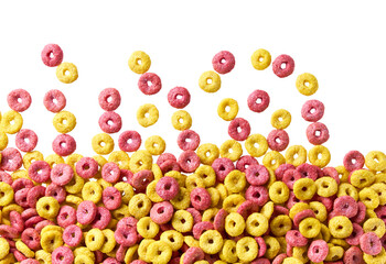 corn rings and strawberry rings scattered in a white background, top view.