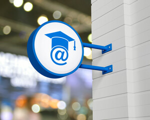 E-learning icon on hanging blue rounded signboard over blur light and shadow of shopping mall, Business study online concept, 3D rendering